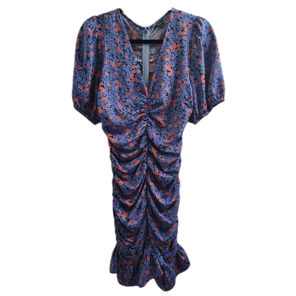 Rails Scarlette Bloom Dress M Blue Pink Floral Ruched Puff Sleeve Midi